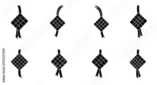 Eight black and white illustrations of traditional ketupat rice cakes displayed