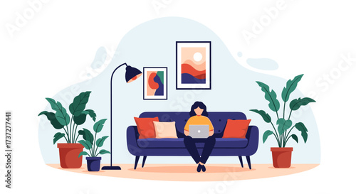 A person sitting on a couch with a laptop surrounded by plants and art.
