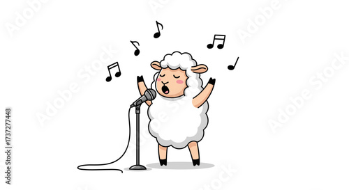 A fluffy sheep is singing with passion into a microphone with musical notes floating around its head.