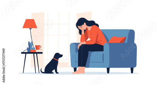Woman feeling sad and alone with her dog providing comfort.
