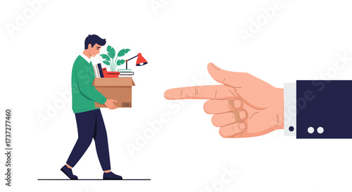 A man carrying a box of personal belongings is being directed out of an office by a pointing finger.