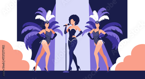 A vibrant stage performance features a lead singer and two backup dancers in dazzling costumes.