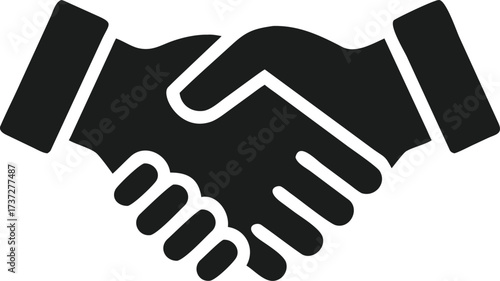 Solid dark gray icon of two hands shaking in agreement on black background handshake deal