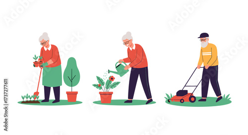 Elderly couple enjoying outdoor gardening and lawn care activities together in a sunny yard.