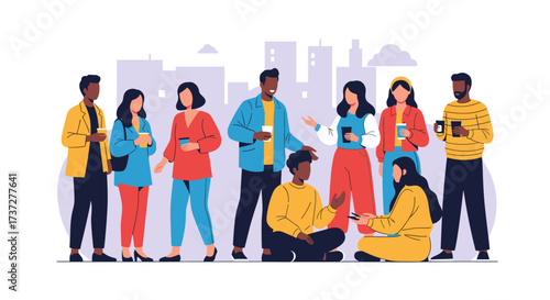 A diverse group of young adults stands together in a city landscape, sharing moments and coffee.