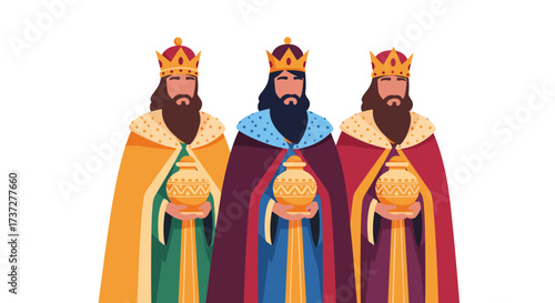 Three kings holding golden gifts wearing crowns and robes.