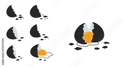 Penguin footprints in snow with a glimpse of a cracked egg