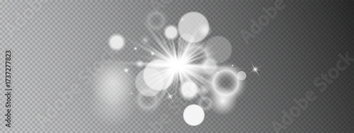 Magical light effect shine composition. Starburst center with bokeh circles, beams, halos, glimmers radiating outward. Vector glow element with transparent sparkle effects.