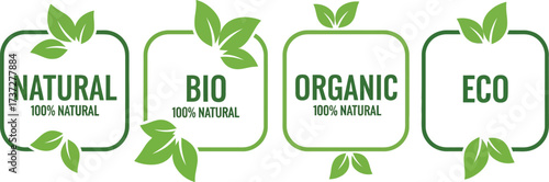 Natural Bio Organic Eco Labels with Green Leaf Accents on White Background