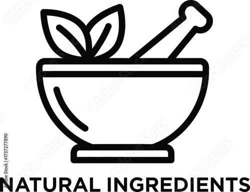 Mortar with Pestle and Green Leaves Icon in Black Outline on Transparent Background