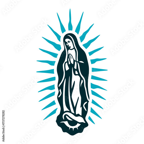 Virgin of Guadalupe Icon, Teal and White Golden outline of the Virgins cloak with radiating sun rays Dia de la Virgen de Guadalupe December 12.