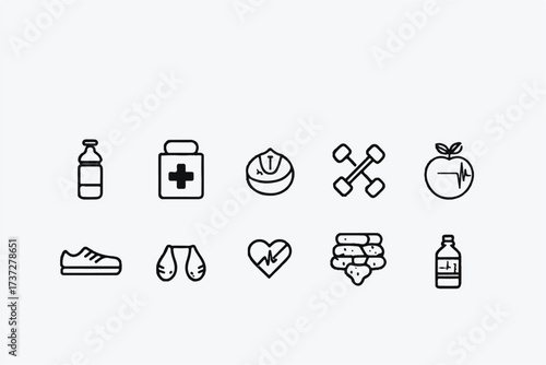 Fitness and healthy lifestyle icons showcasing exercise nutrition supplementation and general well being in line art style