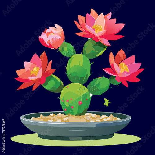 Giant Pink Water Lily-Like Blooms on a Potted Cactus, Creating a Beautiful and Unexpected Fusion of Flora Styles	