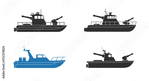 Silhouette depictions of armed patrol boats and naval vessels in varied styles