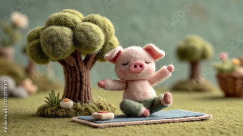 Handmade pig toy sits in yoga pose near miniature tree on green field setting