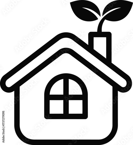 Outline House Icon with Leaves Growing from Chimney on Transparent Background