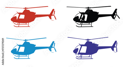 Four helicopter silhouettes in red black blue and purple hues