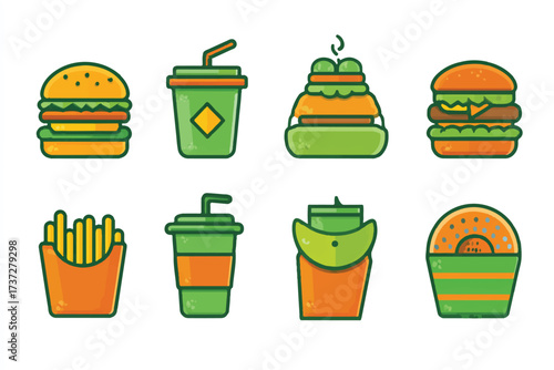 Graphic Style Fast Food Vector Illustration with Burger Fries Soda and Donut Design Elements