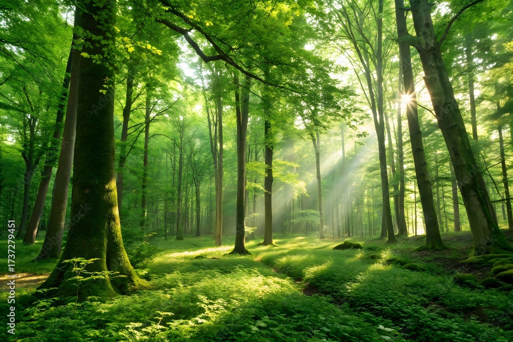 Fototapeta premium Sunbeams in Green Forest with Lush Trees and Vegetation