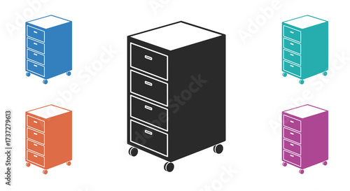 Colorful isometric illustrations of filing cabinets with varying drawer numbers