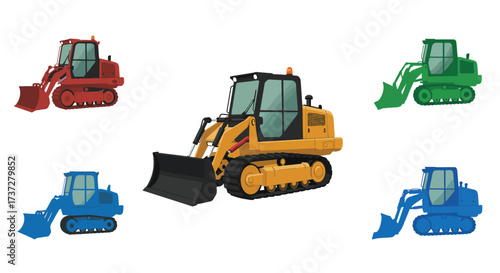 Collection of colorful construction machinery including loaders and excavators shown
