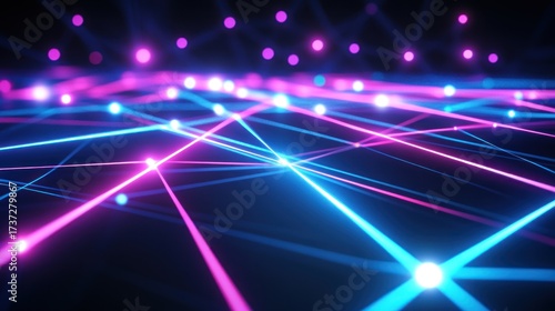 Abstract network of glowing neon lines and points on dark background