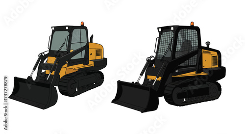 Illustration of two yellow and black compact track loaders side by side