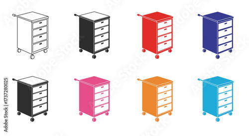 Colorful rolling utility carts with five drawers in various shades