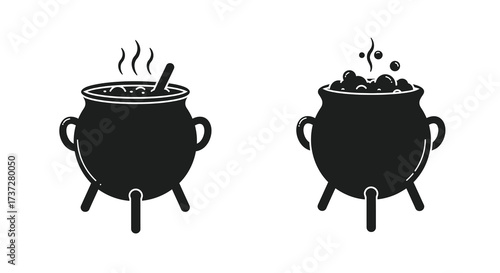 Two black cauldron illustrations with bubbling potions and simplistic designs