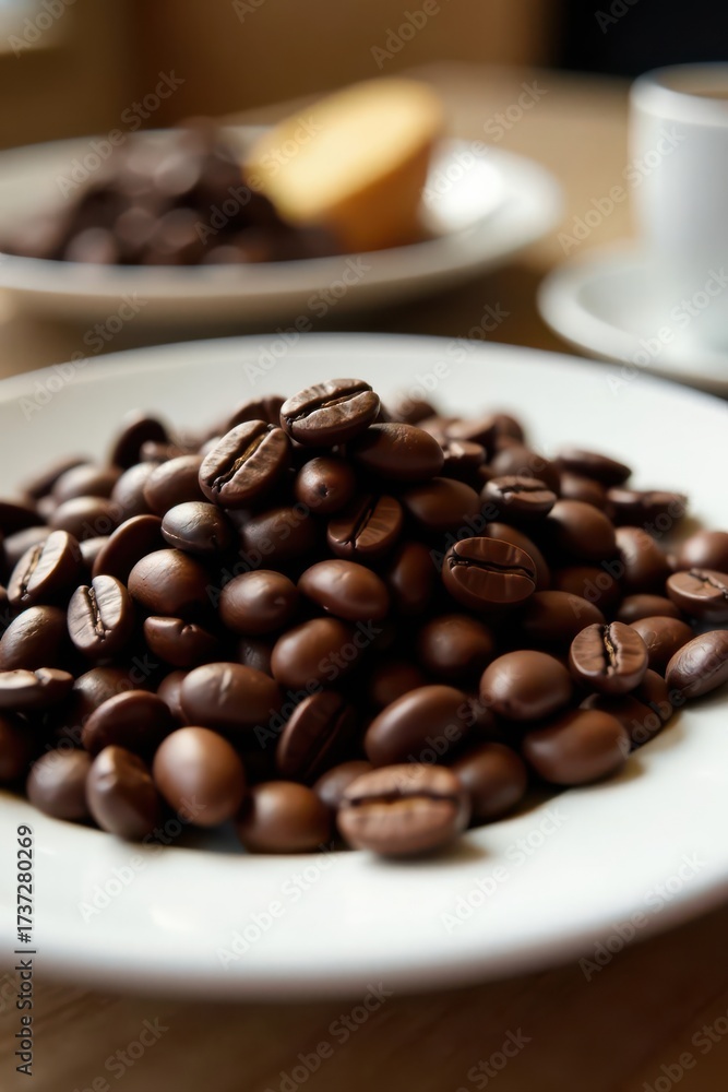 Fototapeta premium Dark brown coffee beans piled high on white plate, aroma, plate, coffee shop
