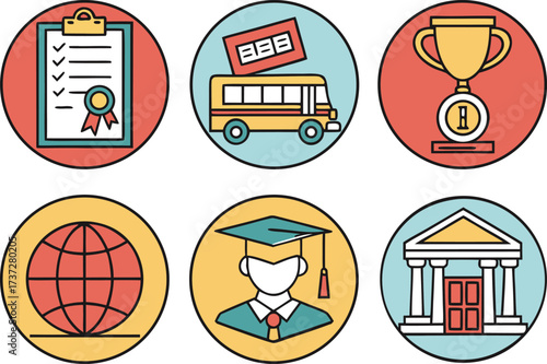 Collection of educational icons: diploma, bus, trophy, globe, graduate, and building vector Illustration