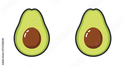 Two halved avocados with dark brown pits are shown in a simple style