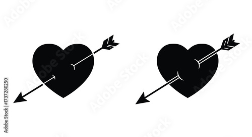Two black hearts pierced by arrows a symbol of love and pain
