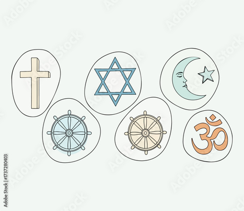 Religion Symbols Illustration – Cross, Star of David, Crescent Moon, Om, Dharma Wheel