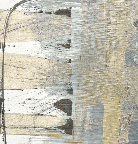 Abstract textured metallic and neutral tones with brush strokes and lines in contemporary art.
