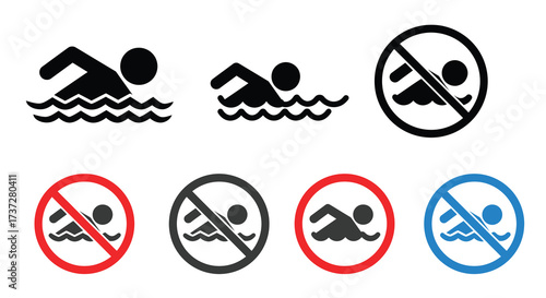 Swimming allowed and prohibited signs safety warnings and water restrictions