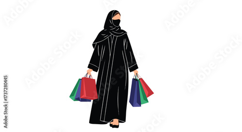 Woman in Abaya and Hijab Carrying Shopping Bags Modern Islamic Fashion and Retail Therapy