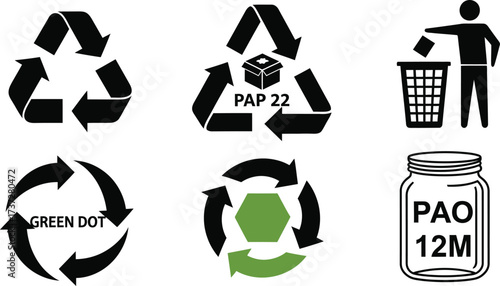 Recycling Arrows, PAP22 Symbol, Green Dot, and PAO Outline Icons on White Background