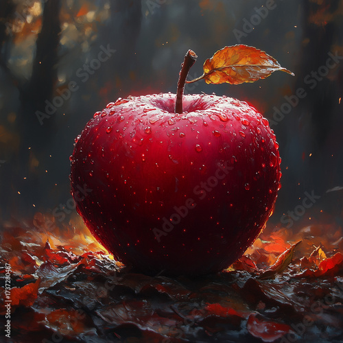 red apple with water drops