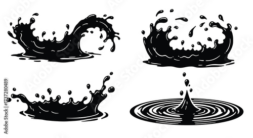 Black and white illustration of water splashes and ripple effects shown