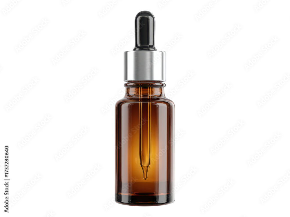 Naklejka premium Amber glass dropper bottle with silver cap and liquid image, Isolated, Png Transparent Background