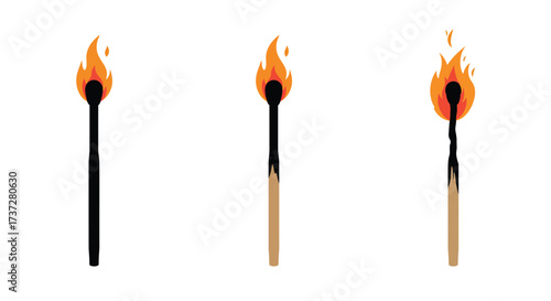 Three matches in varying stages of burning showing ignition to flame