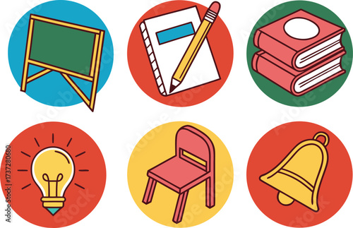 Collection of School Supplies and Classroom Icons in Circles vector Illustration