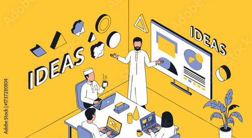 Diverse Team Collaborating on Innovative Business Ideas in Modern Office Meeting Brainstorming Session with Presentation Screen