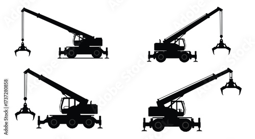Four identical black silhouette images of heavy duty reach stackers