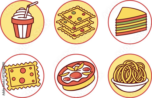 Collection of six circular icons featuring various food and drink illustrations vector Illustration