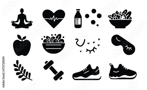 Healthy lifestyle elements vector illustration featuring mindful meditation balanced diet exercise proper hydration and adequate rest for overall wellness