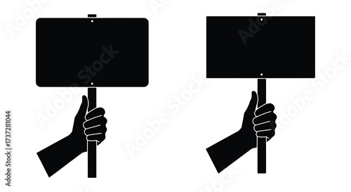 Two black protest signs held by hands in a simple graphic