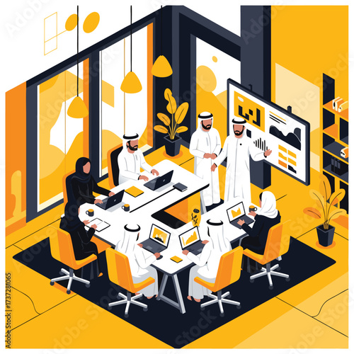 Modern Arab Business Team Collaborating in Bright Office Meeting Room with Digital Whiteboard