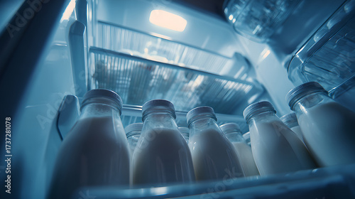 Various milk and dairy bottles are organized neatly inside an open refrigerator.